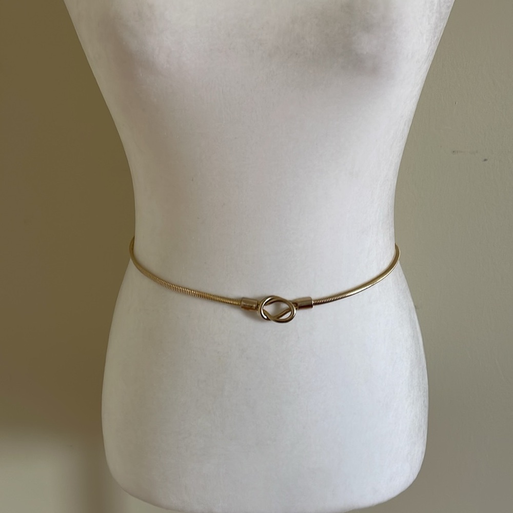 VINTAGE GOLDTONE METALLIC SNAKE LINK STATEMENT SKINNY WAIST BELT - Picture 3 of 8